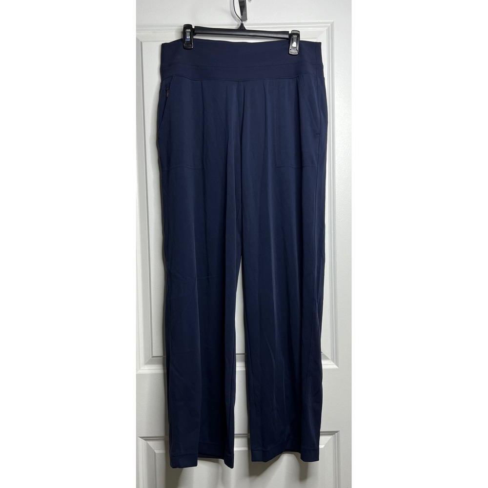 Athleta Venice Navy Blue Wide Leg Travel Pants Size L High Rise Pull On Pockets
